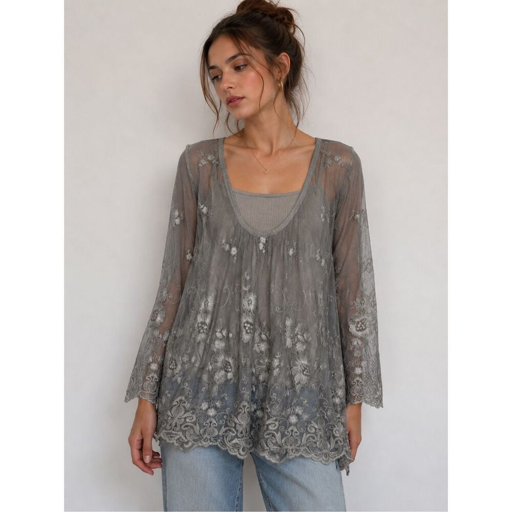 Luxury Boutique Sheer Lace Embroidered Tunic Top Gray Boho Sz M Made in Italy